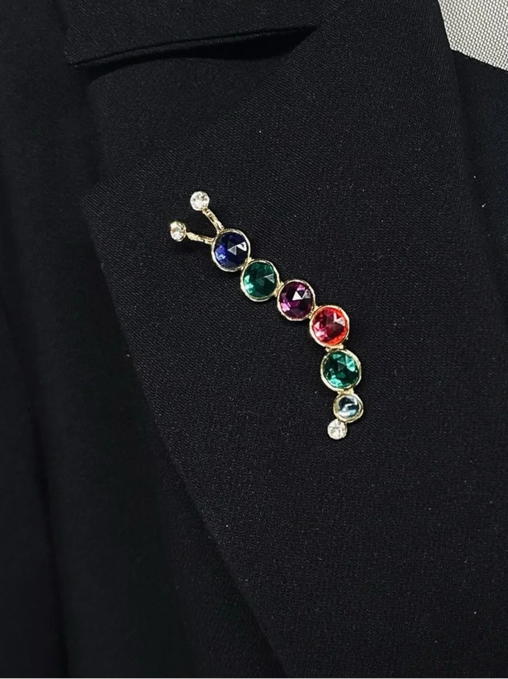 Vintage Gold Metal Rainbow Jewel Caterpillar Brooch / 80s 90s Retro Fairy Goth
